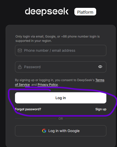 DeepSeek Developer Platform Login Screen