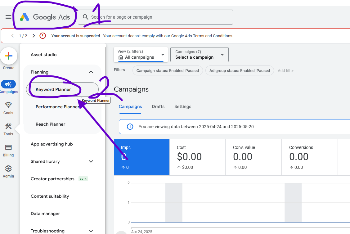 Google Ads Keyword Planner Step 1 - 进入 Google Ads 后台