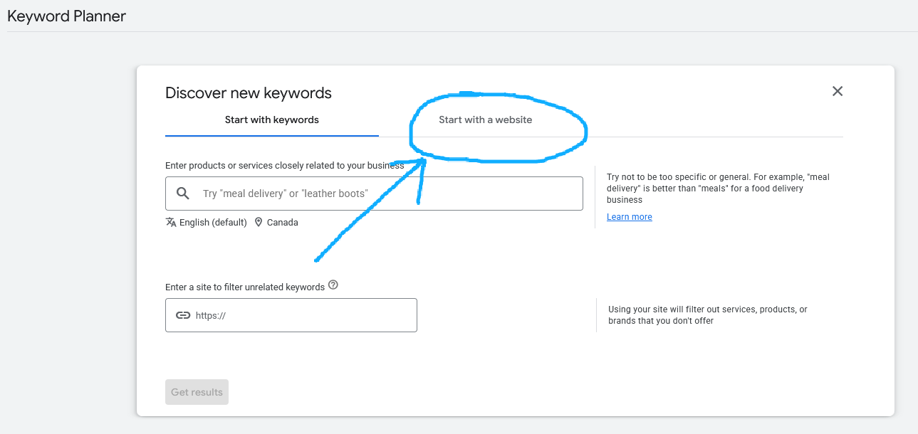Google Ads Keyword Planner Step 3 - Start with a Website