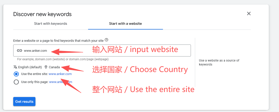 Google Ads Keyword Planner Step 4 - 输入竞争对手网站